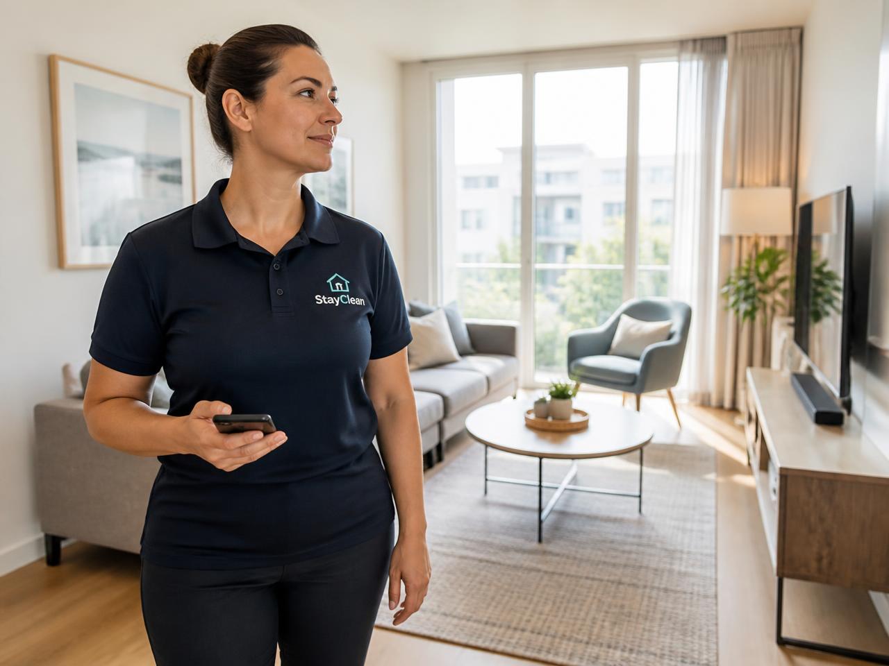 Collaboratrice Clean and B vérifiant la préparation d'un logement en location courte durée