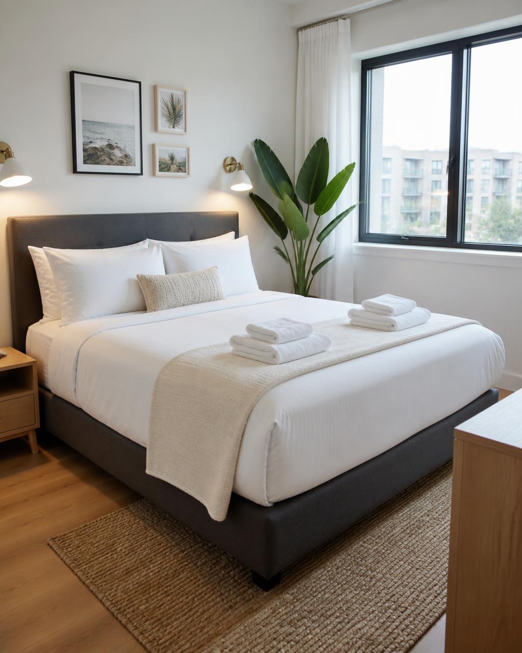 Chambre d'un logement Airbnb préparée avec du linge hôtelier avant l'arrivée d'un voyageur